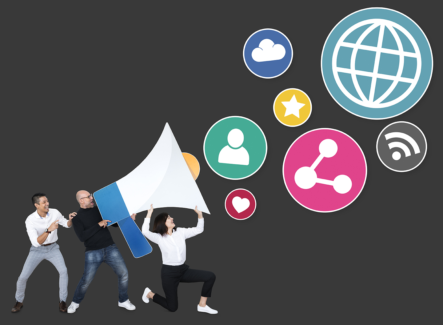 People with a megaphone and social media marketing icons